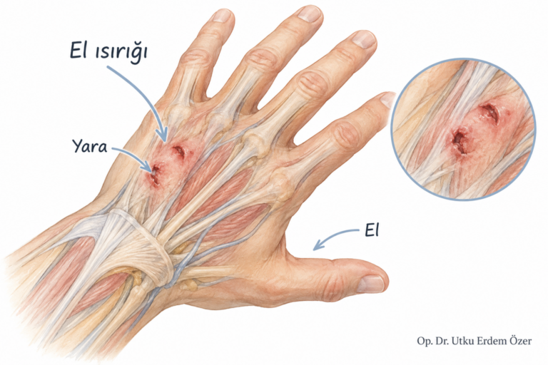 Elde Hayvan ve İnsan Isırıkları konusunu açıklayan anatomik çizim