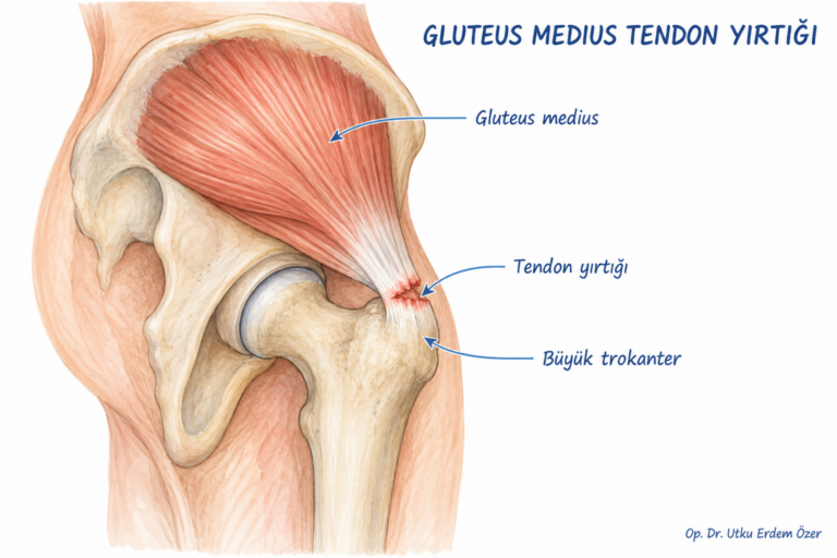 Gluteus Medius Tendon Yırtığı ve Ameliyatı konusunu açıklayan anatomik çizim