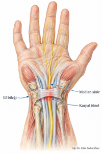 El Uyuşması Neden Olur? Hangi Parmakların Uyuşması Ne Anlama Gelir? (2026) konusunu açıklayan anatomik çizim