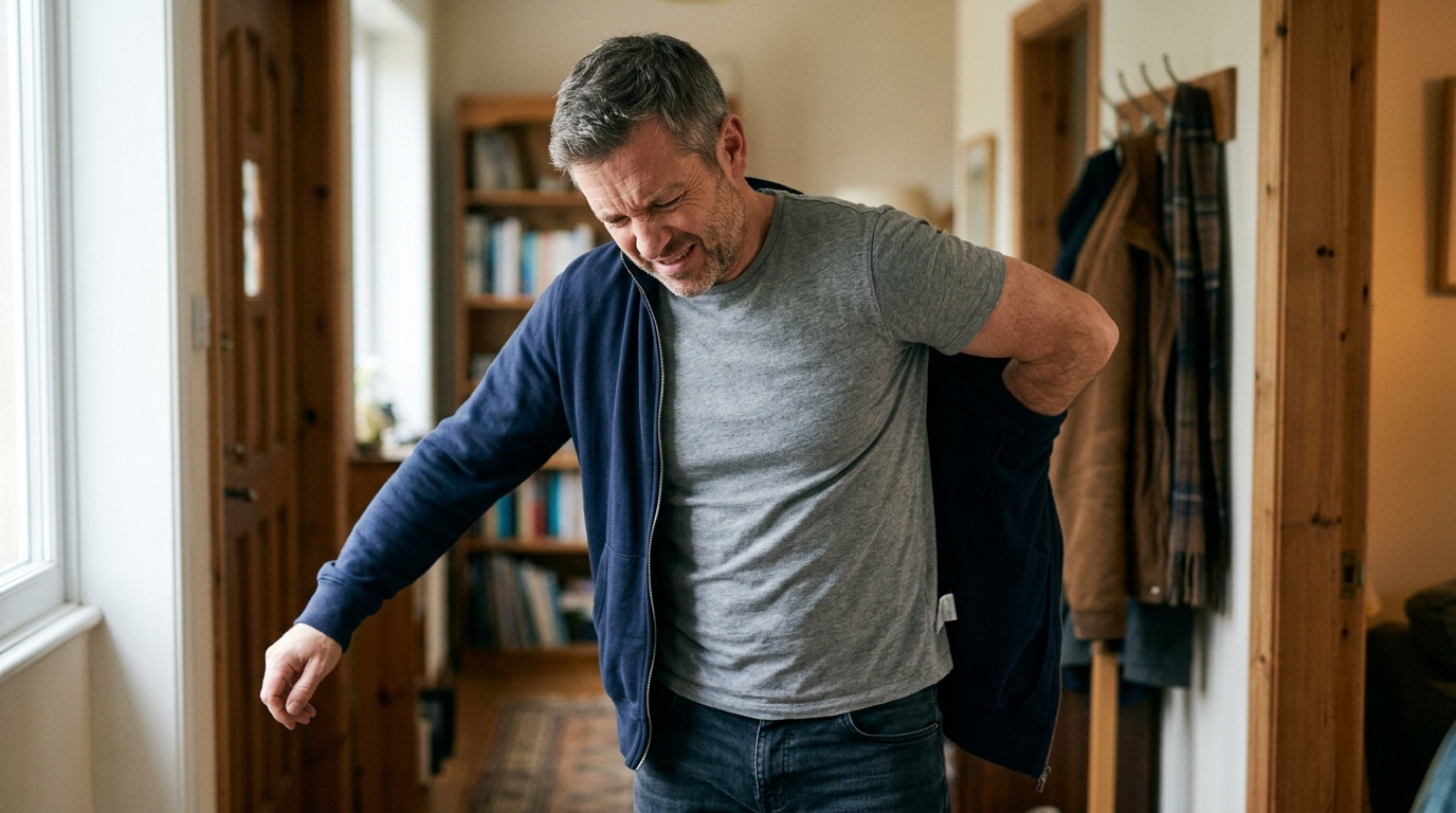 A man whose shoulder catches while putting on a jacket, unable to bring his arm behind him