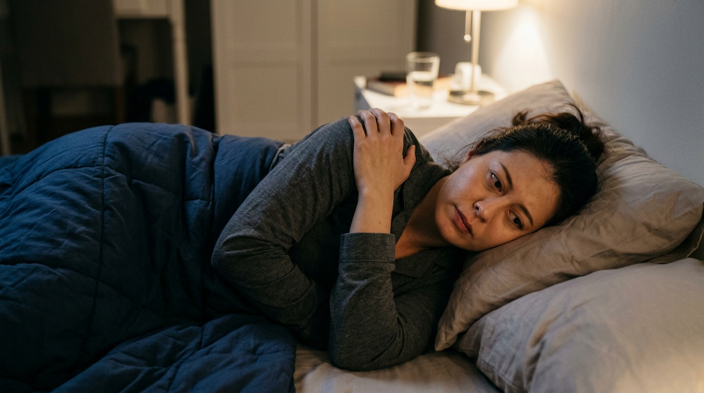 A woman who cannot sleep due to shoulder pain at night