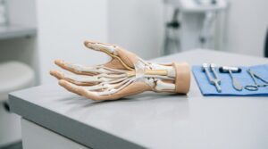 Karpal bölgeden geçen median sinir yolunu gösteren el ve el bileği anatomik modeli, modern klinik yüzeyinde ortopedik muayene aletleriyle