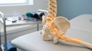 Siyatik sinir yolu bacağa doğru uzanan bel omurgası ve pelvis anatomik modeli, fizyoterapi kliniği masasında ortopedik değerlendirme araçlarıyla
