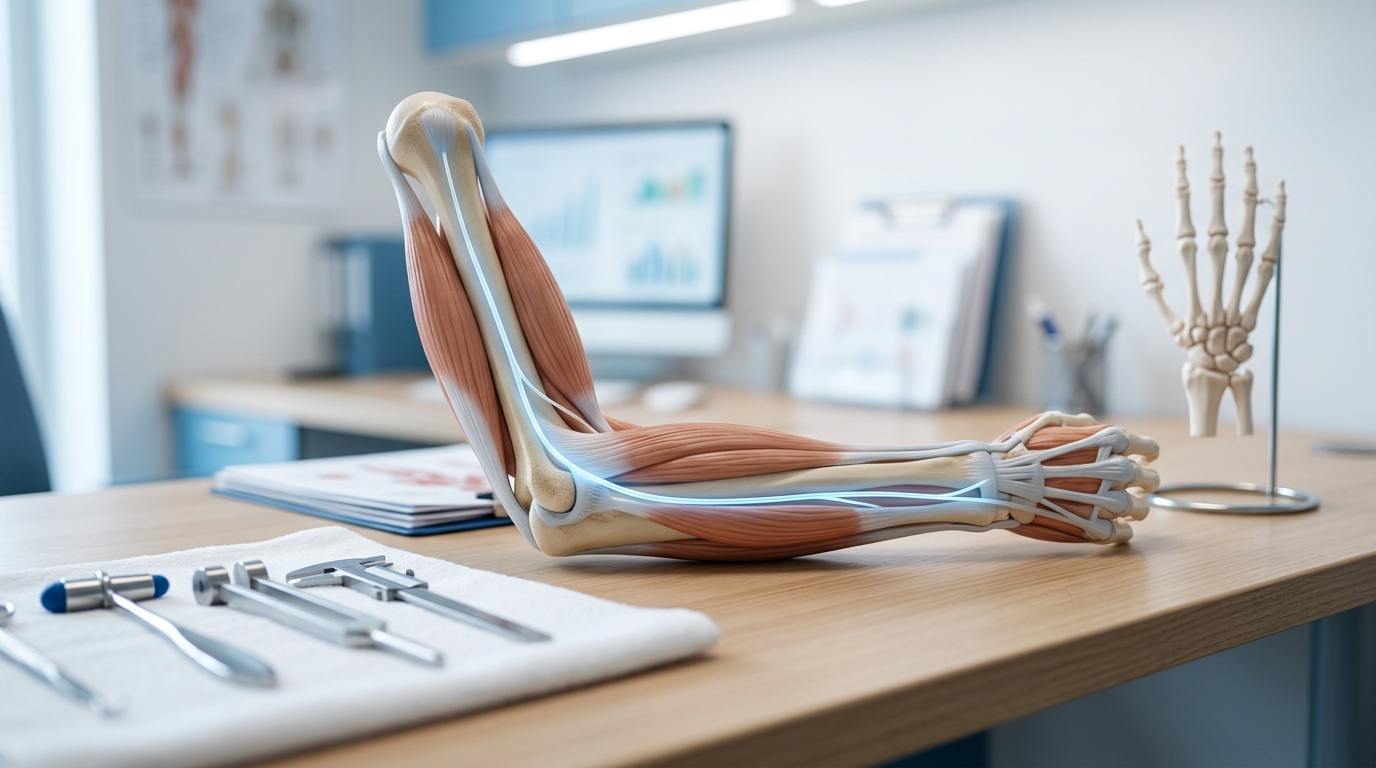 Radial sinir yolu yumuşak mavi tonla vurgulanmış dirsek ve önkol anatomik modeli, modern ortopedi kliniği masasında muayene aletleriyle birlikte
