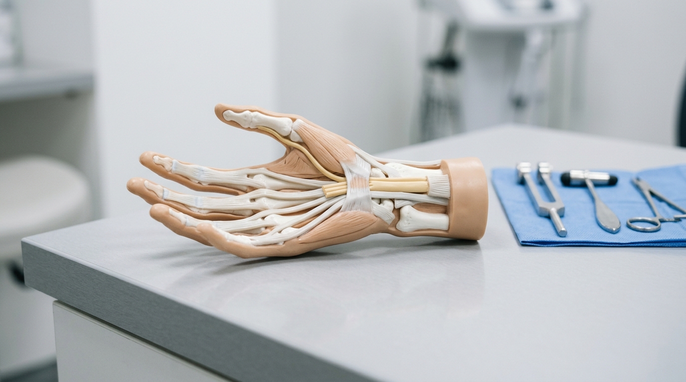 El uyuşmasına yol açan median sinir yolunu gösteren el ve el bileği anatomik modeli, klinik muayene aletleriyle birlikte