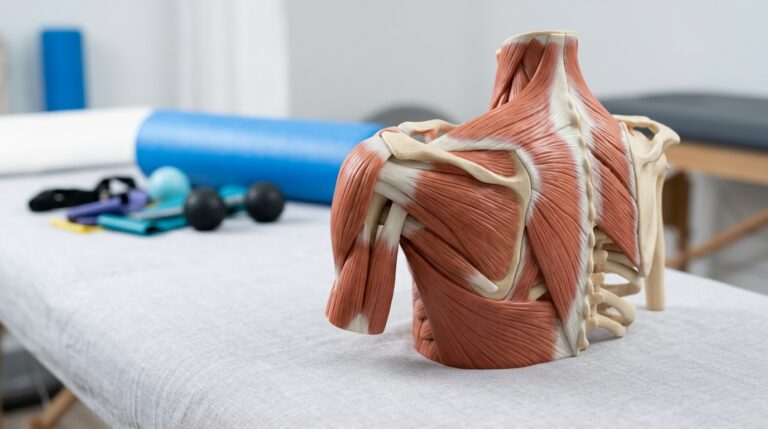Miyalji (kas ağrısı) değerlendirmesinde kullanılan omuz ve üst sırt kas-eklem anatomik modeli, fizyoterapi kliniğinde ortopedik terapi araçlarıyla