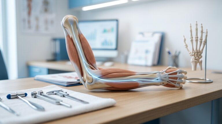 Radial tünel sendromunda sıkışan radial sinir yolunu gösteren dirsek ve önkol anatomik modeli, ortopedi kliniği muayene aletleriyle