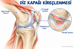 Diz kapağı arkasındaki patellofemoral eklemde kıkırdak aşınmasını gösteren anatomik çizim