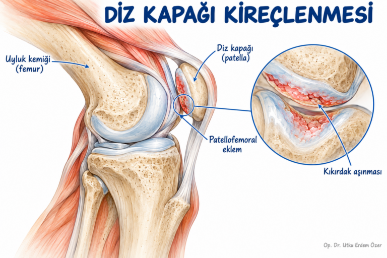 Diz kapağı arkasındaki patellofemoral eklemde kıkırdak aşınmasını gösteren anatomik çizim
